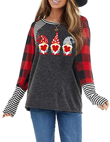 Valentine's Day Shirts for Women Gnomes T-Shirt Love Heart Graphic Tee Shirts Plaid Long Sleeve Tops (Red Gnome, Small)