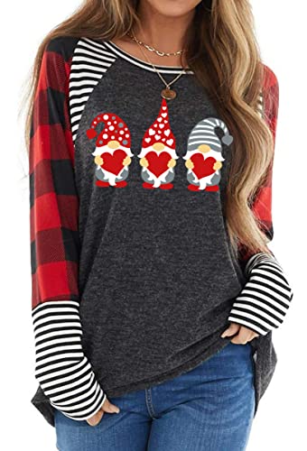 Valentine's Day Shirts for Women Gnomes T-Shirt Love Heart Graphic Tee Shirts Plaid Long Sleeve Tops (Red Gnome, Small)