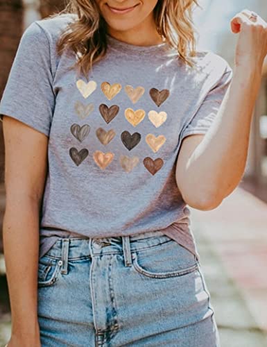 Womens Valentine Shirts Love Heart Graphic Tee T Shirts Teen Girls Cute Graphic T Shirts Tee Top (Medium, Grey)