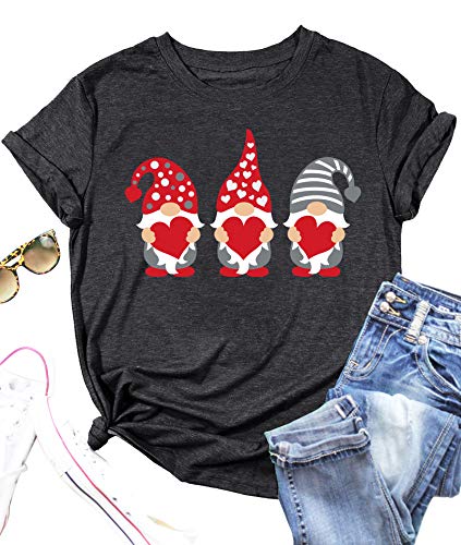 Valentine's Day Shirt for Womens Cute Gnomes T-Shirt Love Heart Printed Shirts Short Sleeve Graphic Tees Tops (Dark Grey, Large)