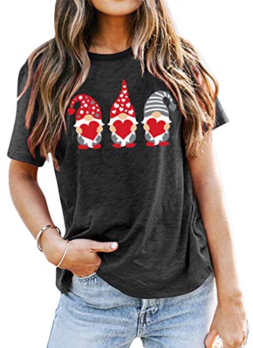 Valentine's Day Shirt for Womens Cute Gnomes T-Shirt Love Heart Printed Shirts Short Sleeve Graphic Tees Tops (Dark Grey, Large)