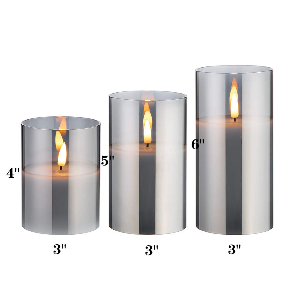 Grey Glass Flameless Candles with Remote Battery Operated Flickering LED  3" H 4" 5" 6"