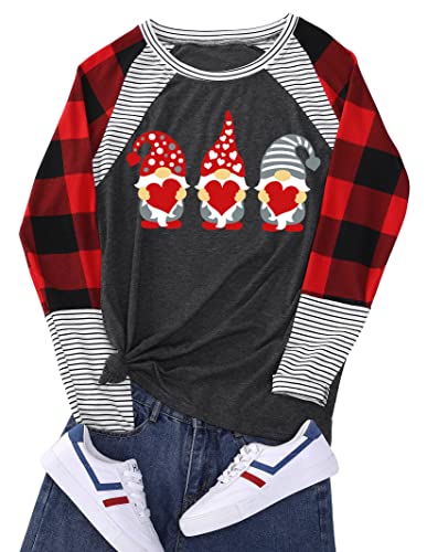 Valentine's Day Shirts for Women Gnomes T-Shirt Love Heart Graphic Tee Shirts Plaid Long Sleeve Tops (Red Gnome, Small)