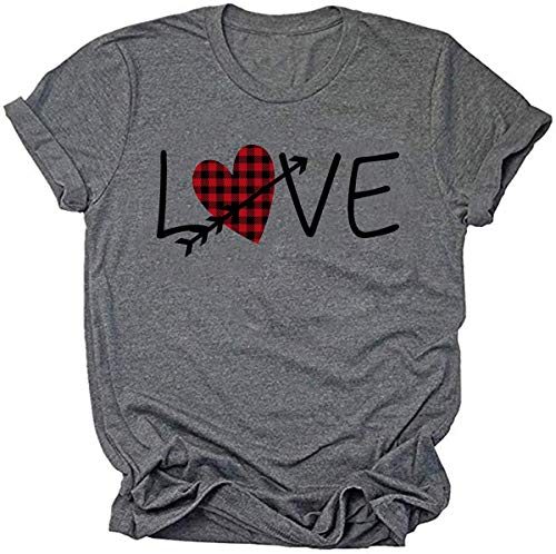 Valentine's Day Shirt for Women Love Heart Print Short Sleeve Tops (XL, Grey2)