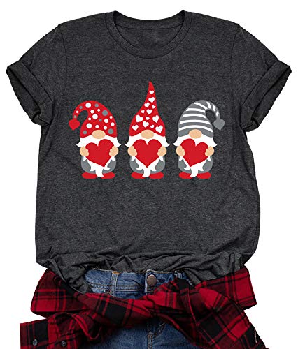 Valentine's Day Shirt for Womens Cute Gnomes T-Shirt Love Heart Printed Shirts Short Sleeve Graphic Tees Tops (Dark Grey, Large)