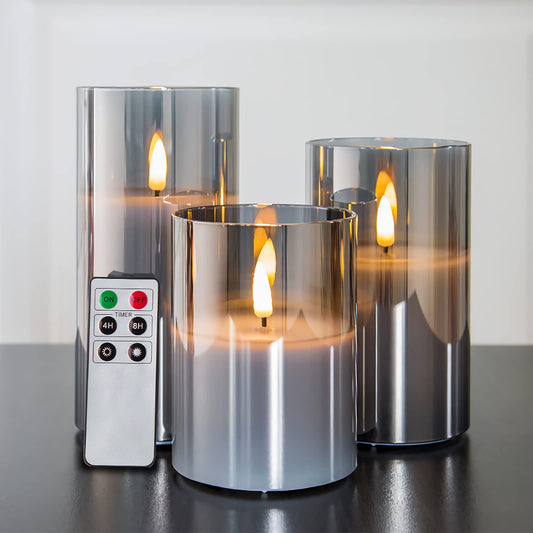 Grey Glass Flameless Candles with Remote Battery Operated Flickering LED  3" H 4" 5" 6"