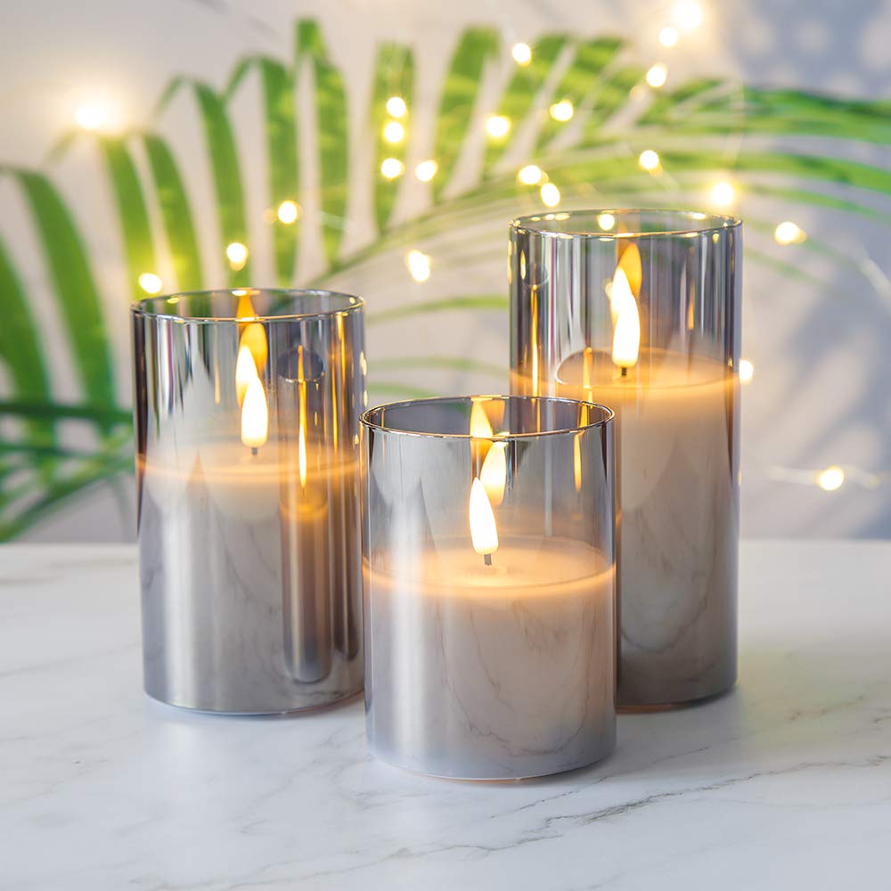 Grey Glass Flameless Candles with Remote Battery Operated Flickering LED  3" H 4" 5" 6"