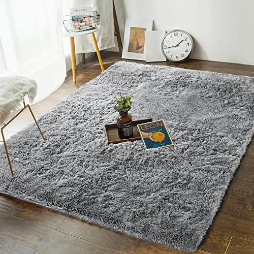 Fluffy Bedroom Rugs, 4 x 6 Feet Indoor Shaggy Plush Area Carpet, Grey