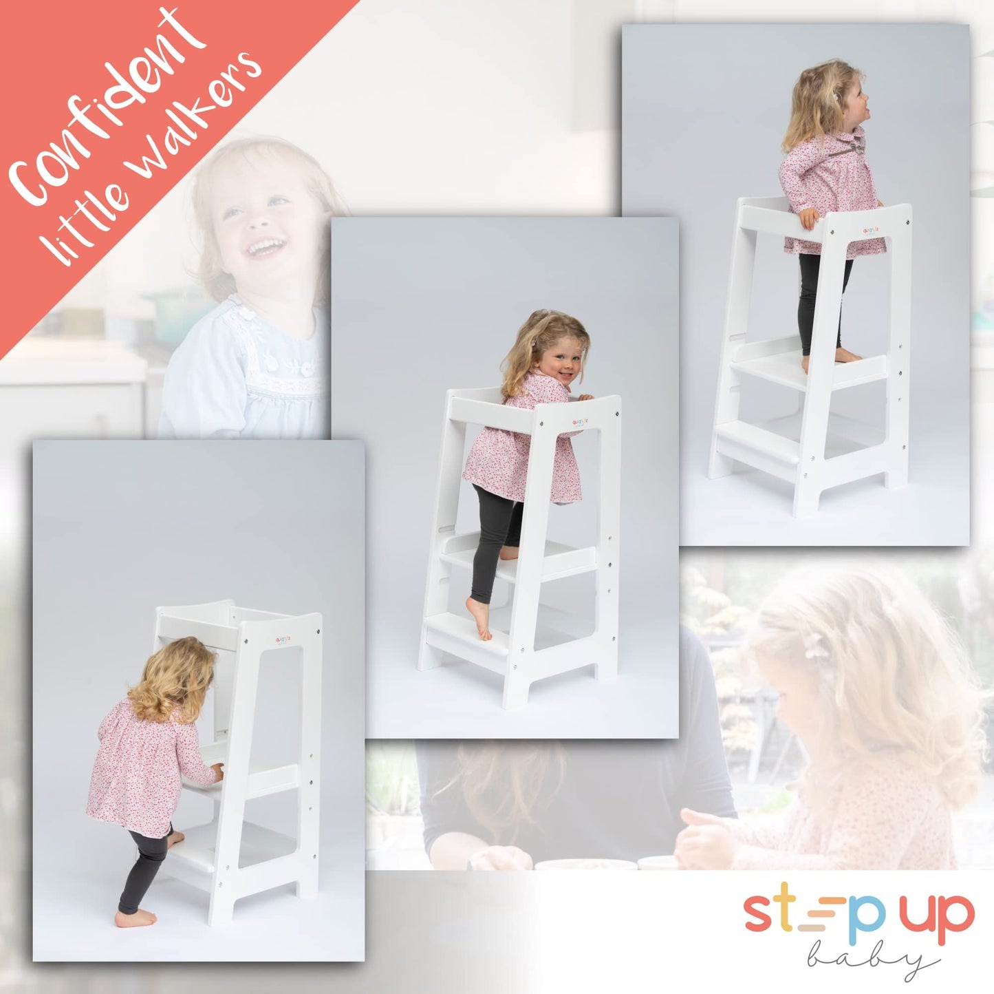 Stepup Baby Montessori Toddler Tower Kitchen Wooden Helper Step Stool, Adjustable Toddler Steps with Safety Rail - Natural Finish