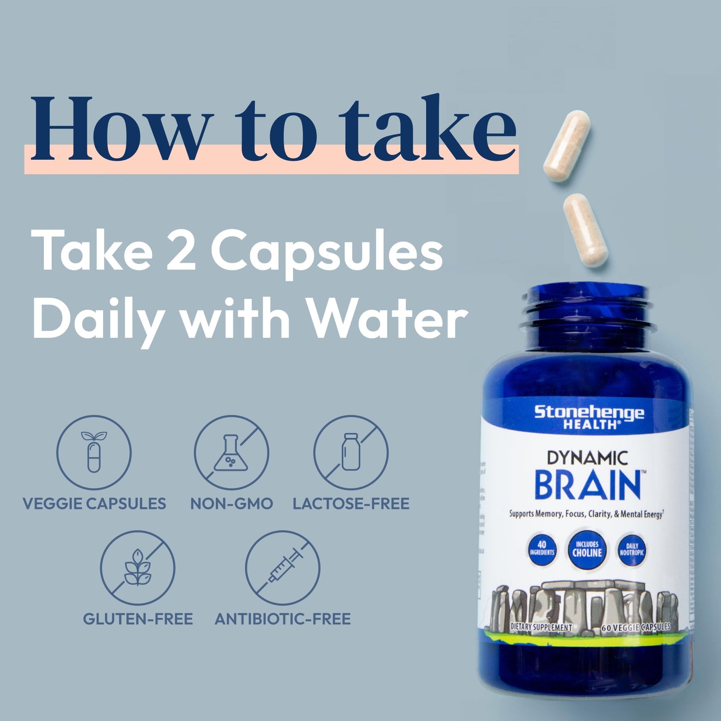 Stonehenge Health Dynamic Brain Supplement – Memory, Focus, & Clarity– Formulated with 40 Unique Nootropic Ingredients: Choline, Phosphatidylserine, Bacopa Monnieri, and Huperzine A