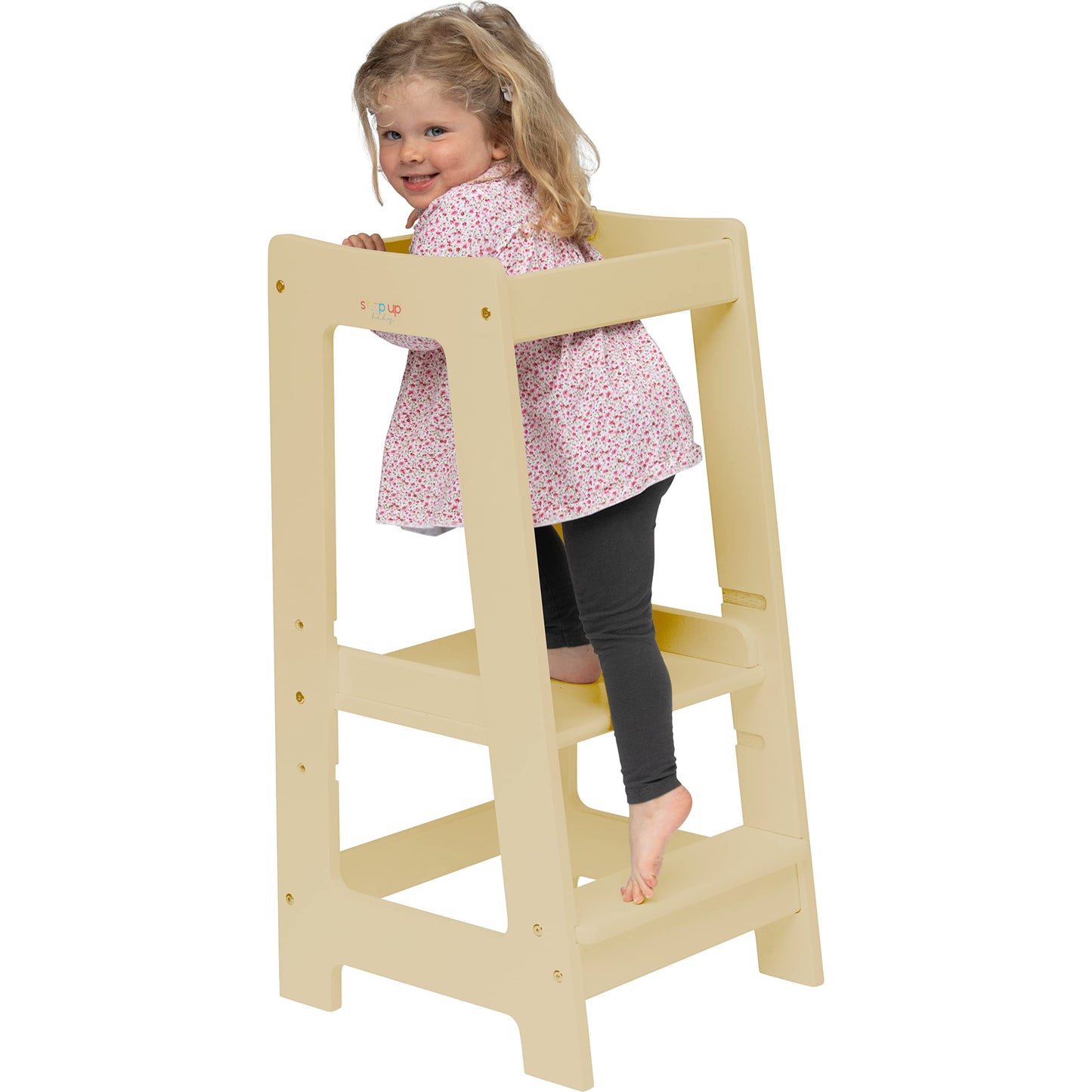 Stepup Baby Montessori Toddler Tower Kitchen Wooden Helper Step Stool, Adjustable Toddler Steps with Safety Rail - Natural Finish