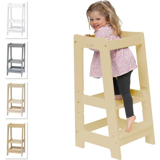 Stepup Baby Montessori Toddler Tower Kitchen Wooden Helper Step Stool, Adjustable Toddler Steps with Safety Rail - Natural Finish