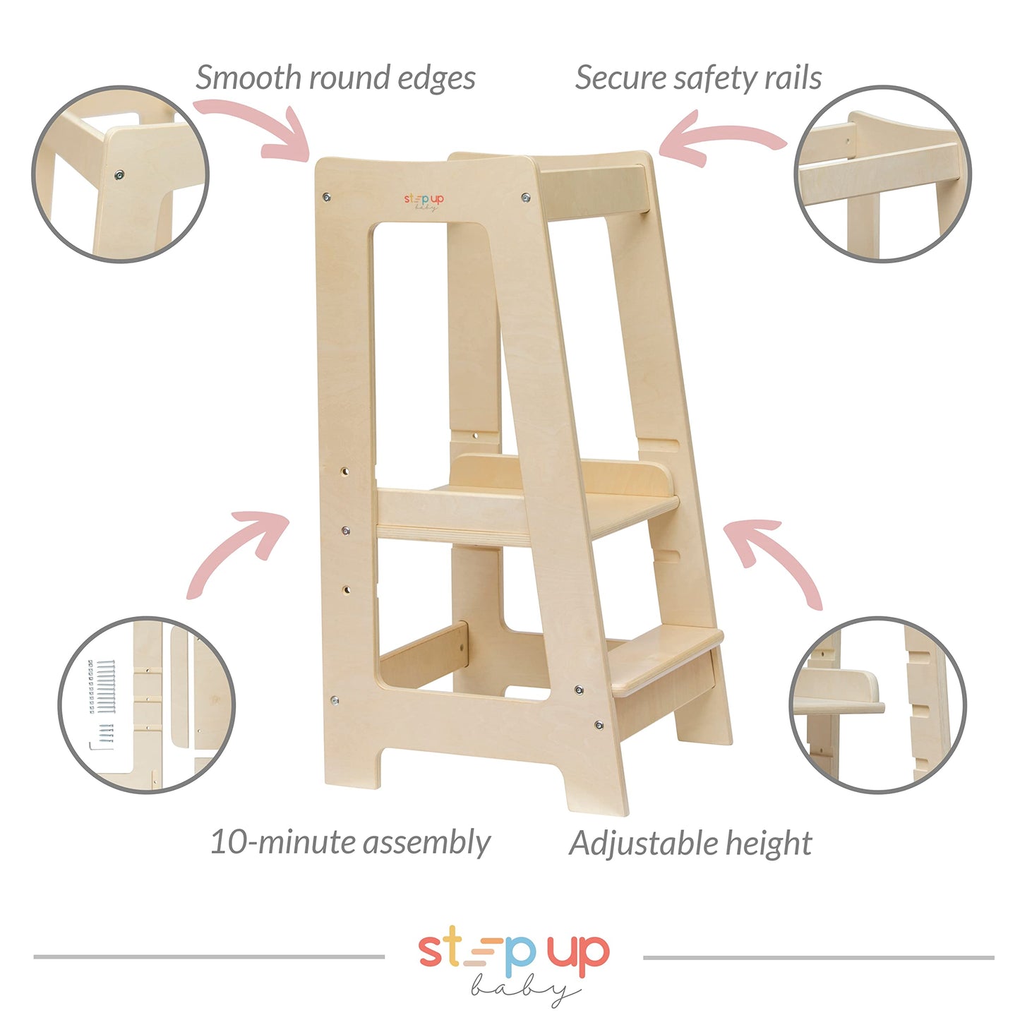 Stepup Baby Montessori Toddler Tower Kitchen Wooden Helper Step Stool, Adjustable Toddler Steps with Safety Rail - Natural Finish