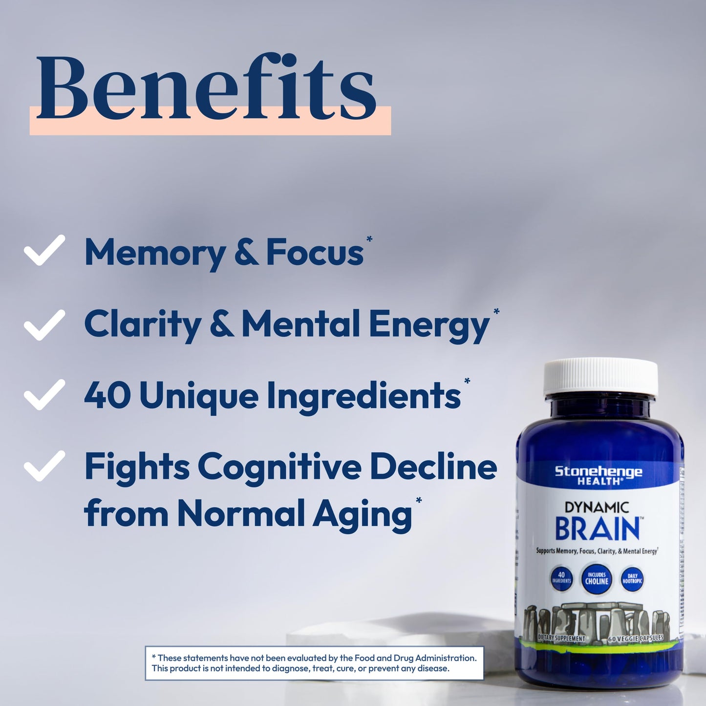 Stonehenge Health Dynamic Brain Supplement – Memory, Focus, & Clarity– Formulated with 40 Unique Nootropic Ingredients: Choline, Phosphatidylserine, Bacopa Monnieri, and Huperzine A