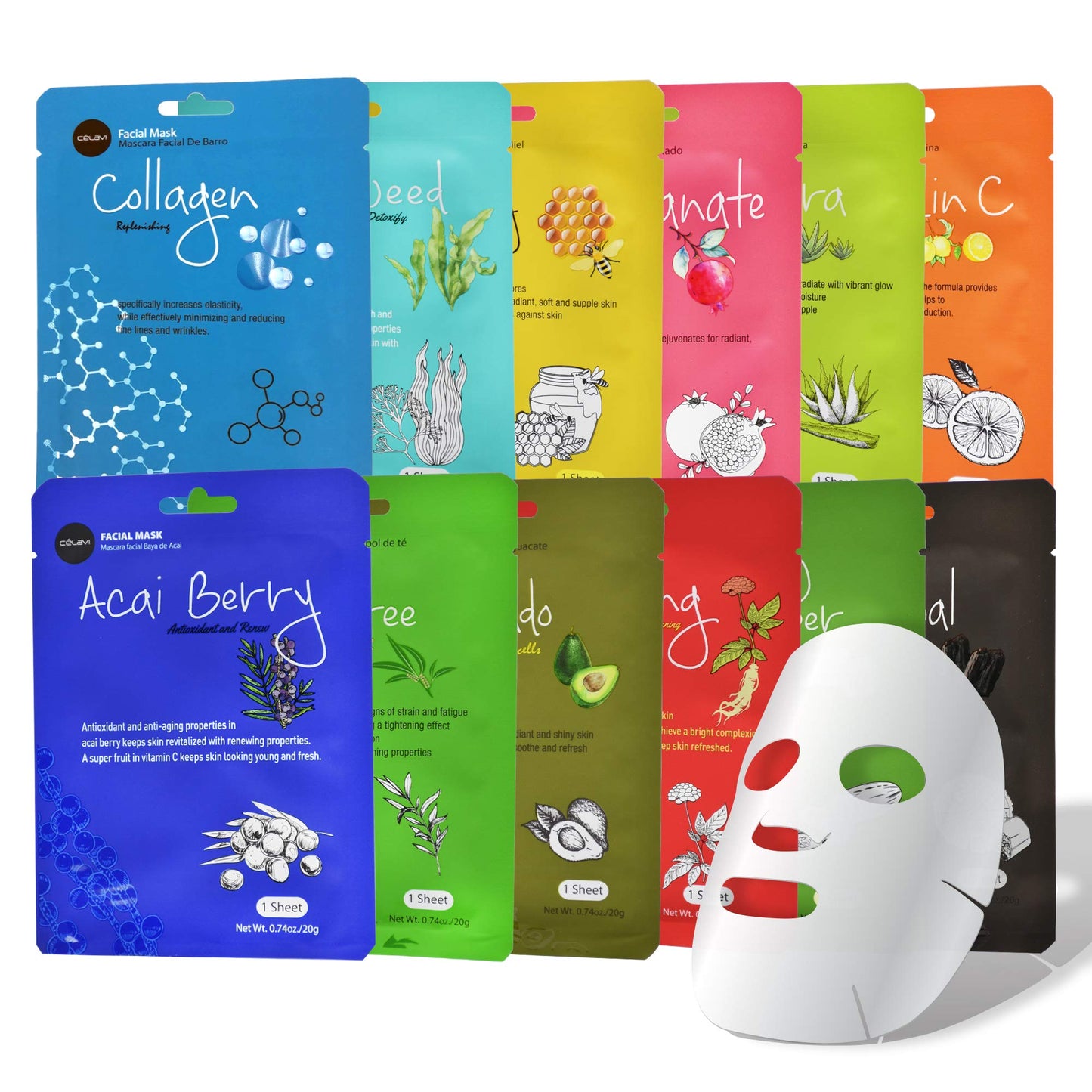 Facial Sheet Face Mask Authentic Korean Moisturizing Skincare (12-Packs)