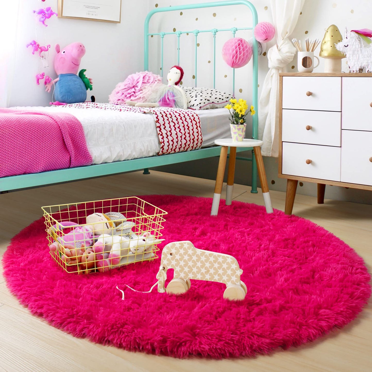 Hot Pink Fluffy Circle Round Rug 4'X4' for Kids Room, Furry Carpet