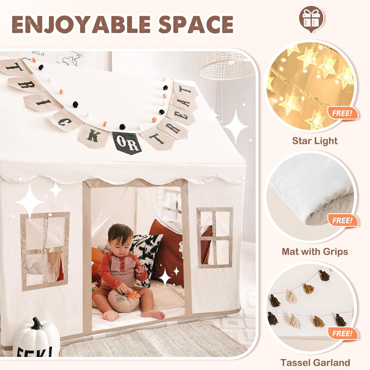 Large Kids Tent with mat, Star Lights, Tissue Garland, Play Tent Indoor & Outdoor