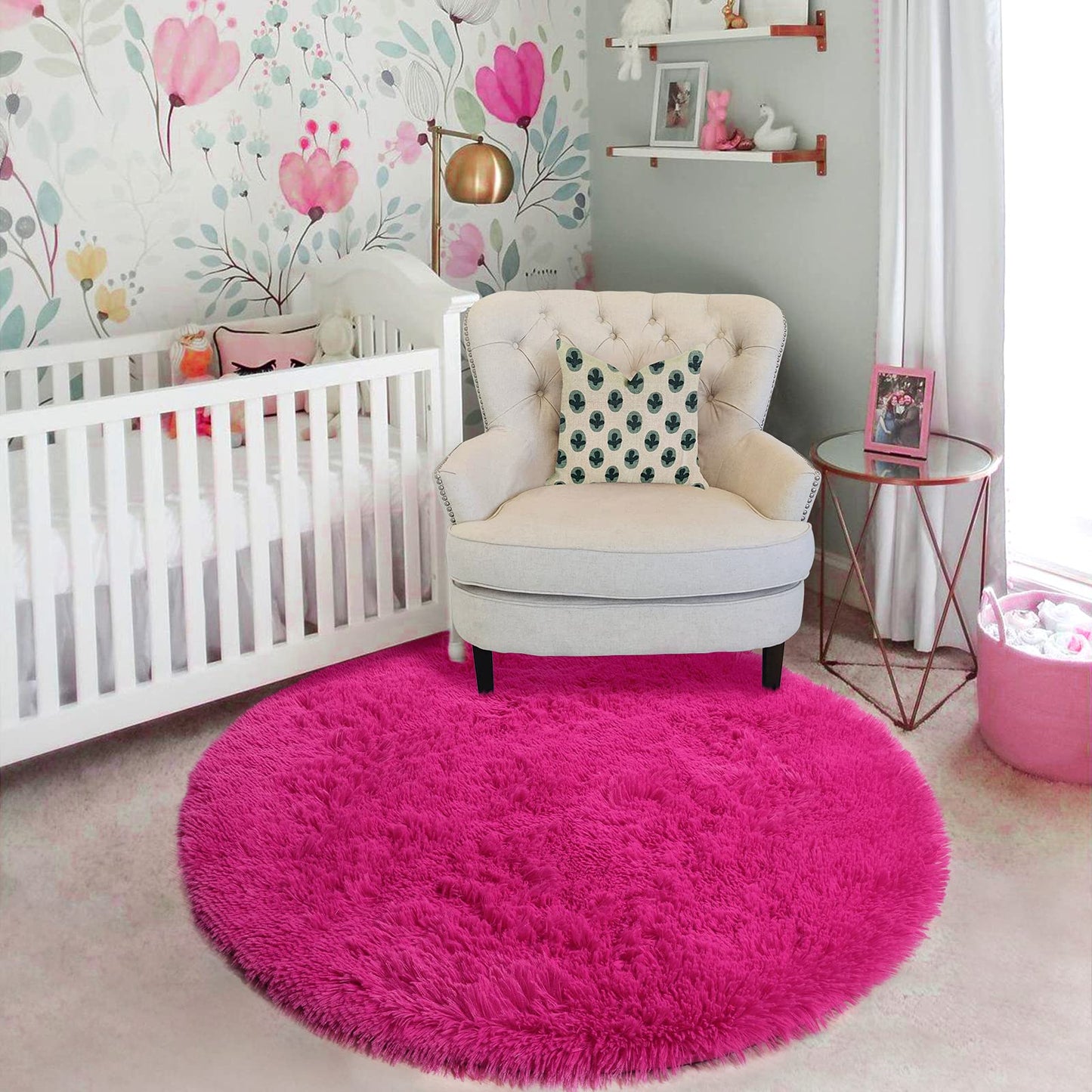 Hot Pink Fluffy Circle Round Rug 4'X4' for Kids Room, Furry Carpet