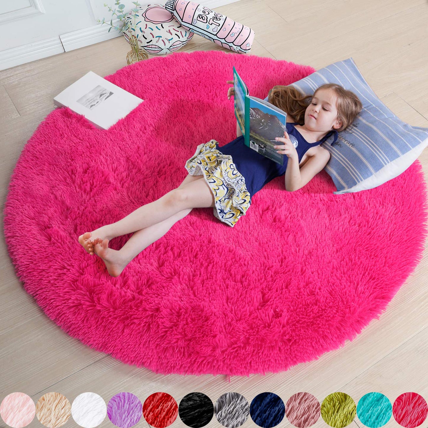 Hot Pink Fluffy Circle Round Rug 4'X4' for Kids Room, Furry Carpet